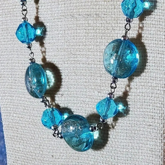 Handcrafted Aqua Blue Copper Sand Murano Glass Long Silver Chain Necklace - Picture 1 of 9
